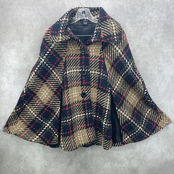 Cejon Poncho Womens S/M Wool Blend Tweed Tartan Plaid High Collar Tan Navy Red - Picture 6 of 6